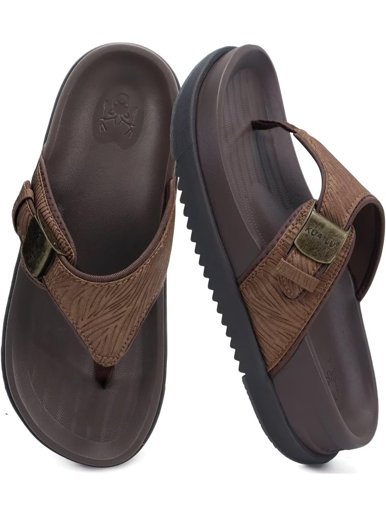 Women's Brown Faux Leather Summer Flip Flops Walking Beach Cushion Sandals